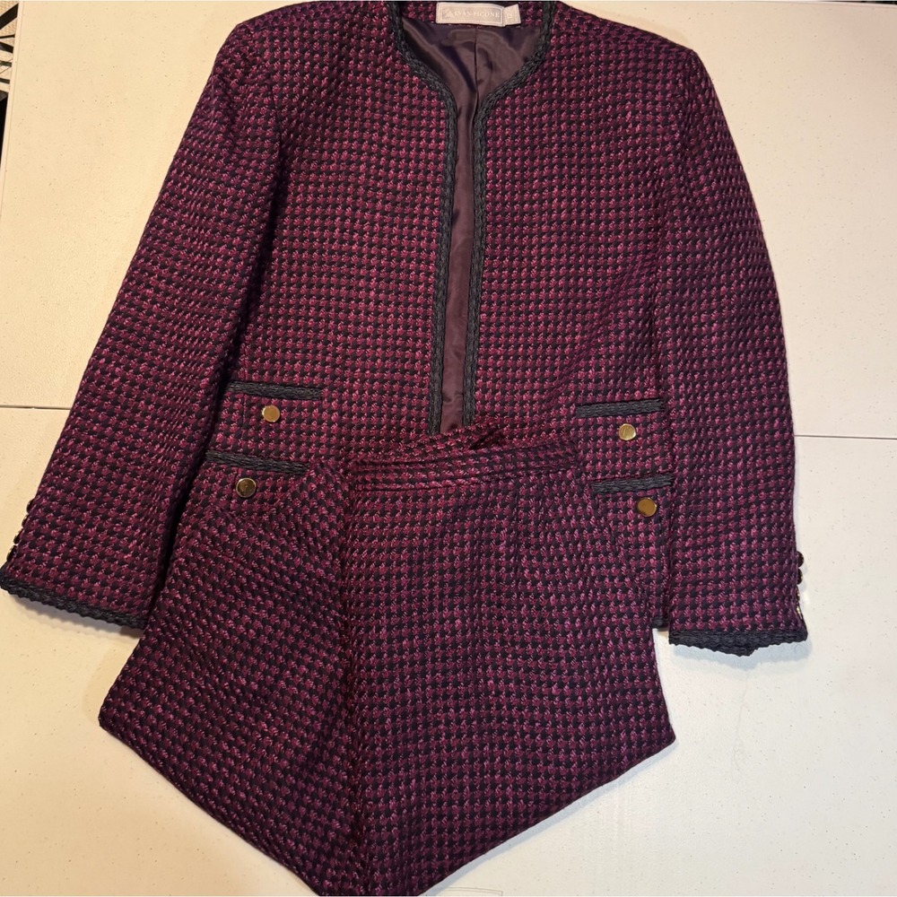 Vtg Union Made Evan Picone Womens 12 Burgundy Black Houndstooth Blazer Skirt Set